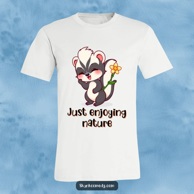 Funny skunk t-shirt featuring a happy skunk playfully twirling a flower in its paw with a contented sigh.