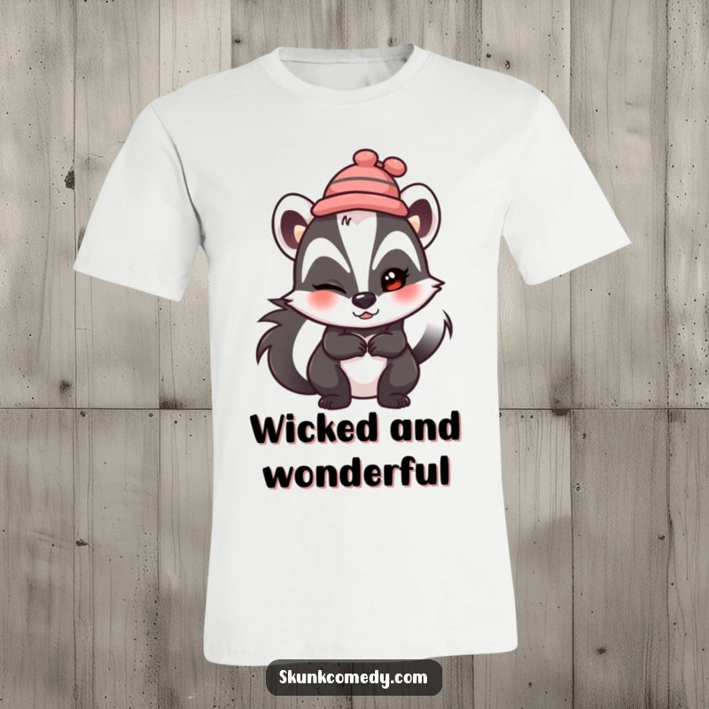 Funny skunk t-shirt, wearing a tiny hat, winking mischievously, perfect humorous apparel.