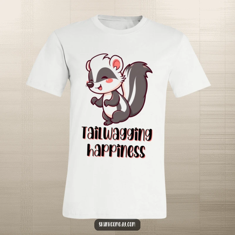 Funny t-shirt depicting a happy skunk performing a cheerful jig, its tail held high, showcasing pure uninhibited fun.