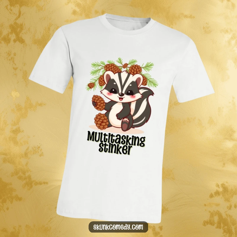 Funny skunk t-shirt, playfully juggling pinecones, humorous woodland creature apparel for outdoor fun.
