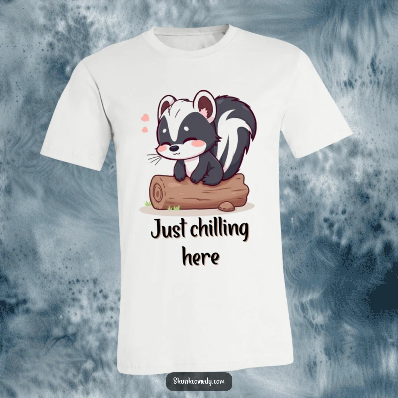 Funny skunk log t-shirt, a skunk sits on a log with a relieved sigh, conveying a sense of sweet, humorous relaxation.