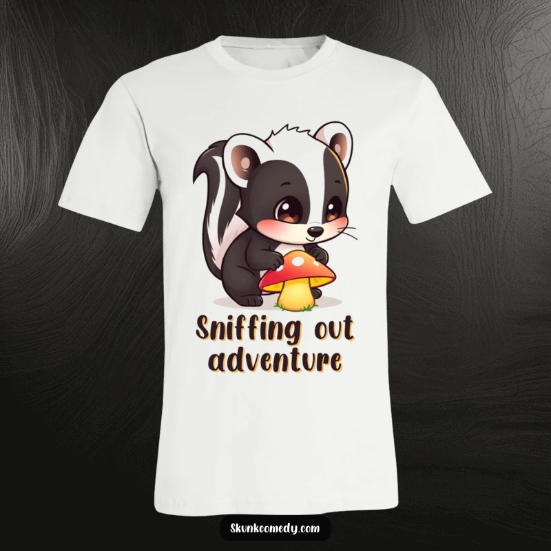 Funny t-shirt depicting a skunk with wide eyes curiously sniffing a luminous mushroom, capturing a moment of enchanted discovery.