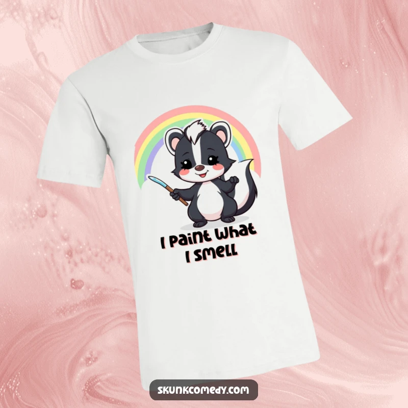 Funny skunk t-shirt featuring a mischievous skunk joyfully painting a vibrant rainbow across a clear sky.
