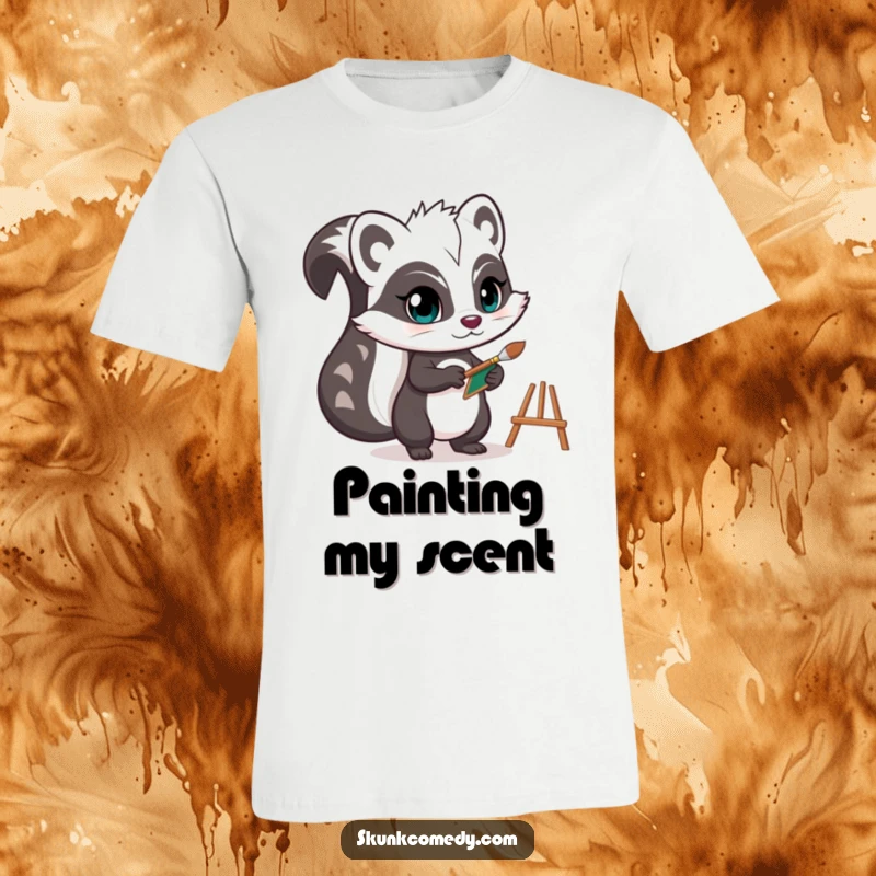 Funny skunk t-shirt featuring a determined skunk holding a tiny paintbrush and easel, perfect for expressing artistic passion and creativity.