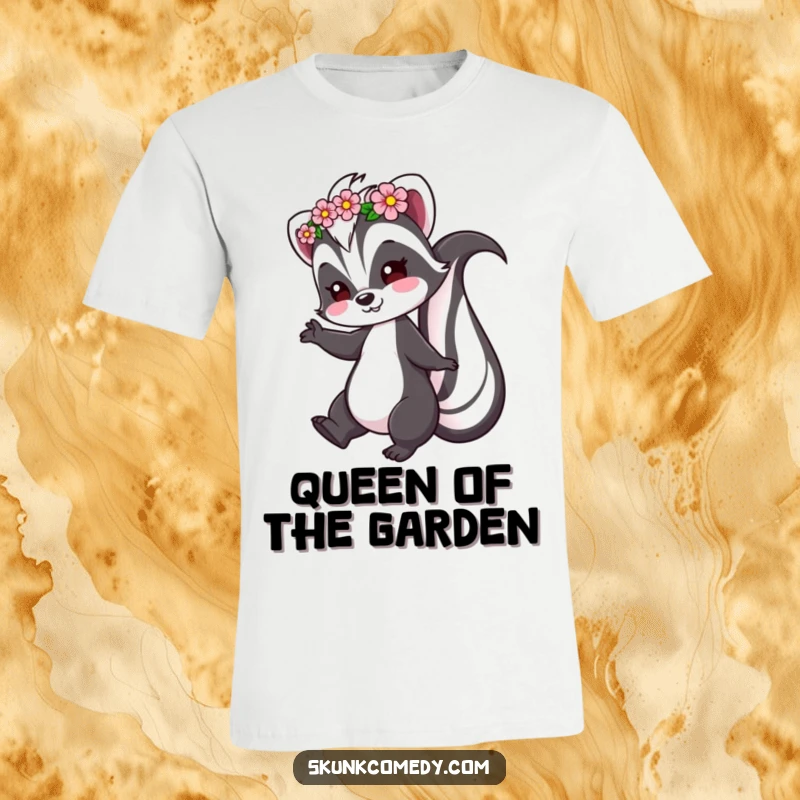 Funny Skunk T-Shirt showing a skunk wearing a flower crown and playfully twirling, radiating carefree joy.