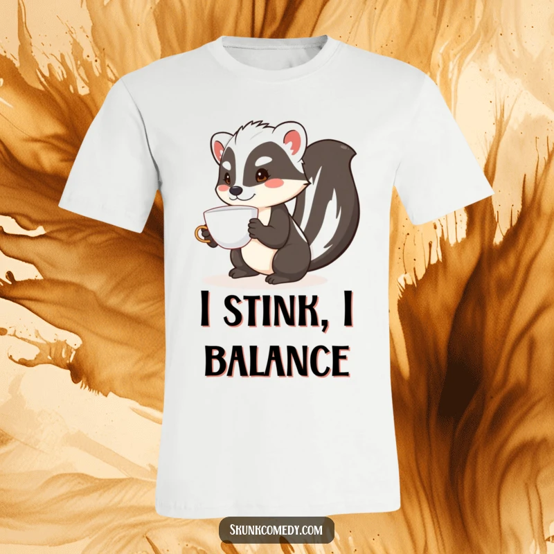 Funny skunk t-shirt showing a skunk performing a comical balancing act with a teacup on its nose.