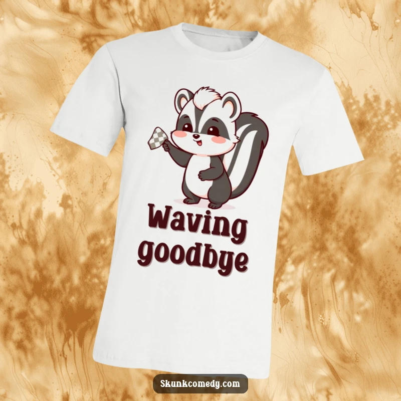 Funny skunk t-shirt depicting a skunk enthusiastically waving a checkered handkerchief, perfect for humorous goodbyes and travel themes.