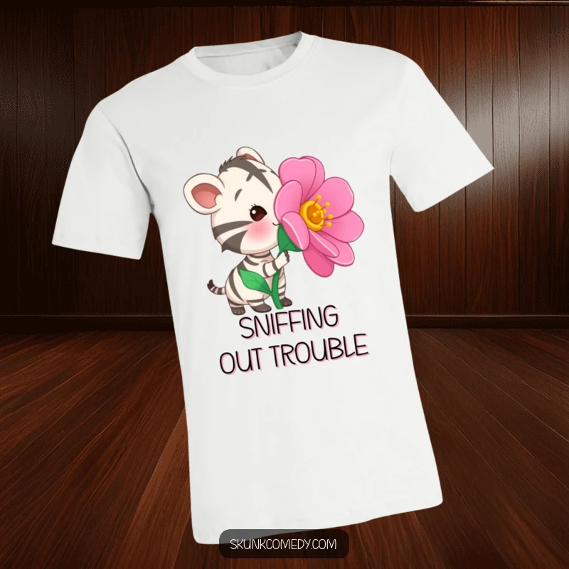 Funny Striped Animal T-Shirt showcasing a curious striped animal curiously sniffing the petals of a large, vibrant, oversized flower.