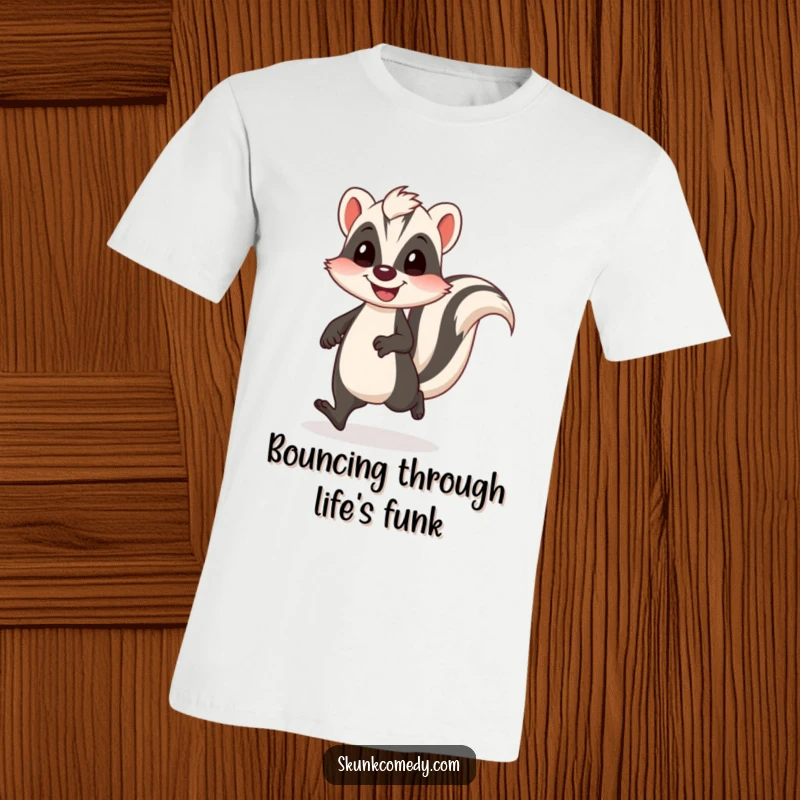 Funny skunk t-shirt depicting a skunk in a funny, wobbly gait with a noticeable, happy bounce.