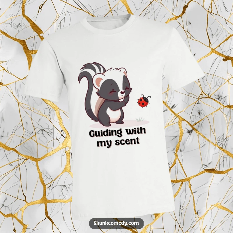 Funny skunk t-shirt depicting a skunk gently helping a lost ladybug, symbolizing compassion and friendship.