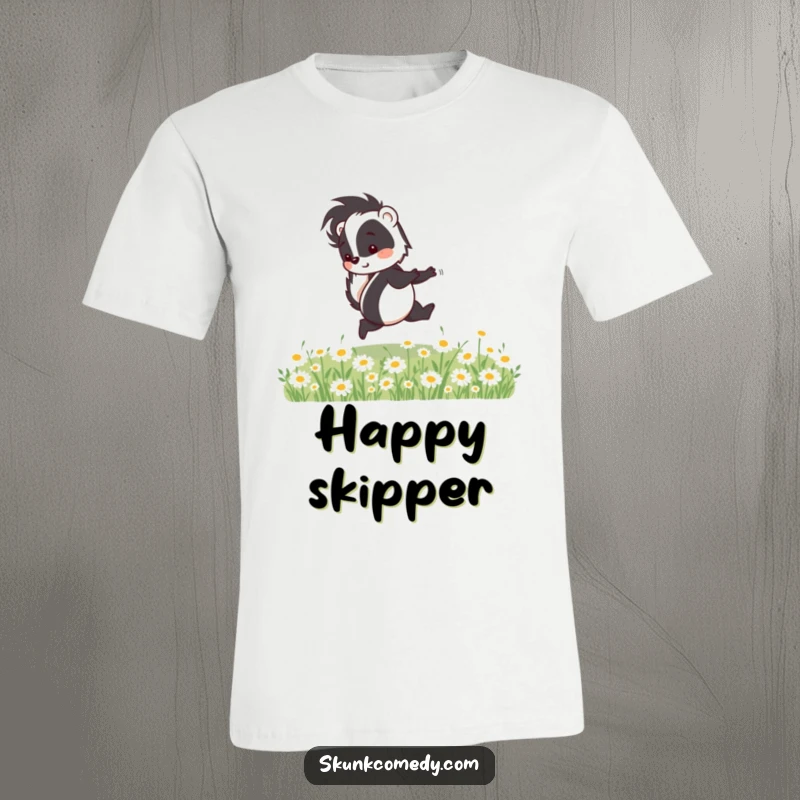 Funny skunk t-shirt with a happy skunk skipping playfully through a colorful field of daisies, spreading cheer.