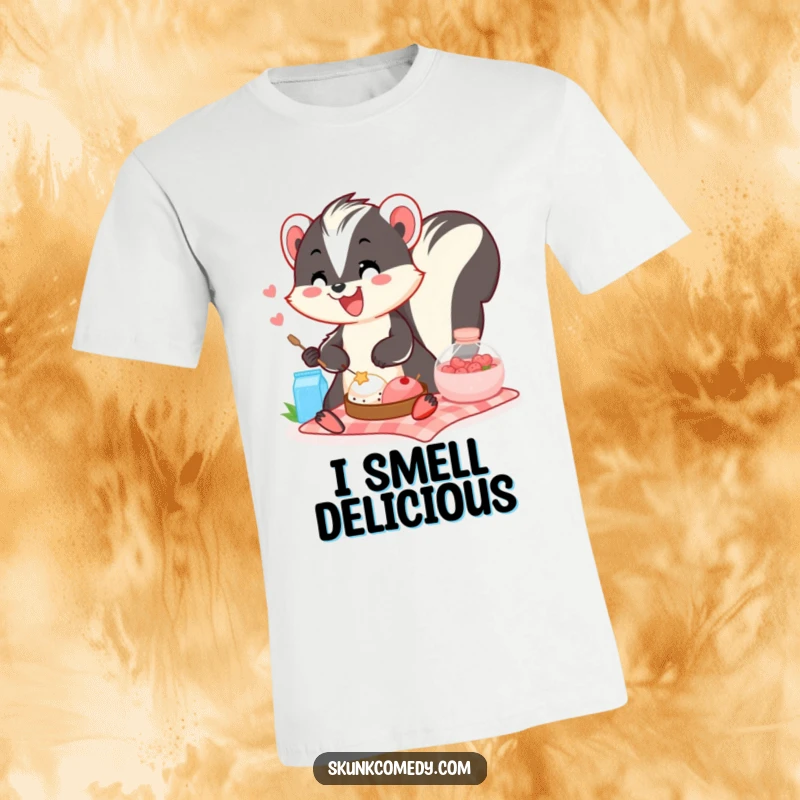 Funny skunk t-shirt showcasing a skunk with a big smile sharing a picnic, embodying happiness and outdoor fun.