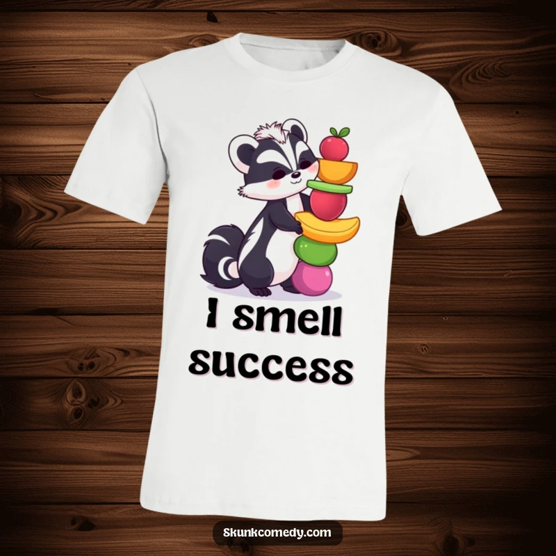 Funny skunk t-shirt featuring a playful skunk precariously balancing a colorful stack of fruit, perfect for a humorous wardrobe addition.