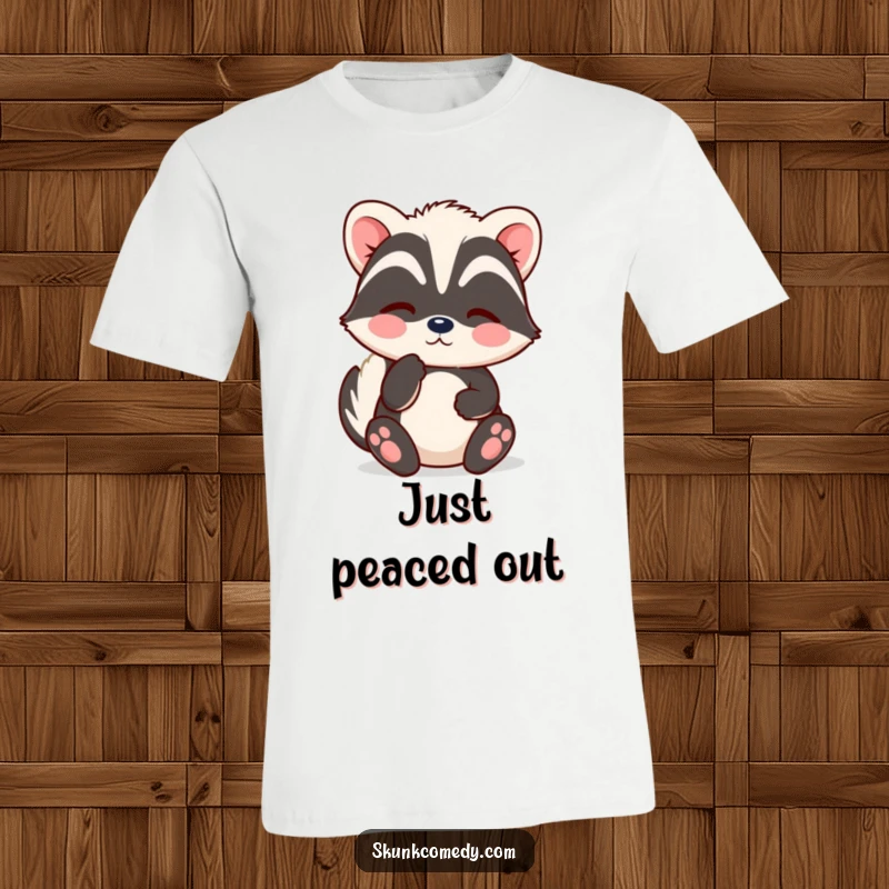 Funny Kawaii Skunk T-Shirt featuring a skunk letting out a contented sigh represented by soft puffs, perfect for relaxed wear.