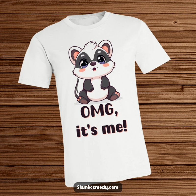 Funny Kawaii Skunk t-shirt showing a cute skunk with surprised, wide eyes looking up, radiating comical awe and wonder.