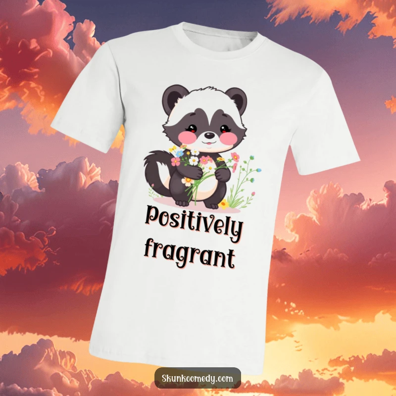 Funny skunk t-shirt, rosy cheeks, holding a vibrant bouquet of wildflowers, sweet and nature-themed, a perfect funny gift.