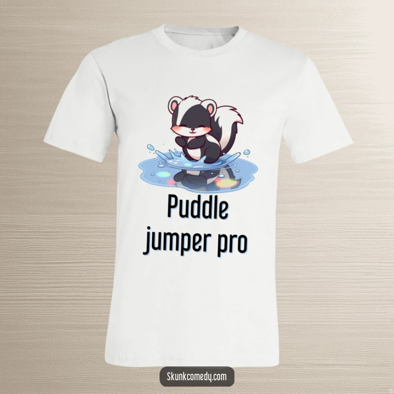 Funny skunk t-shirt depicting a skunk gleefully splashing in a puddle filled with colorful rainbow reflections, a joyful and humorous graphic.