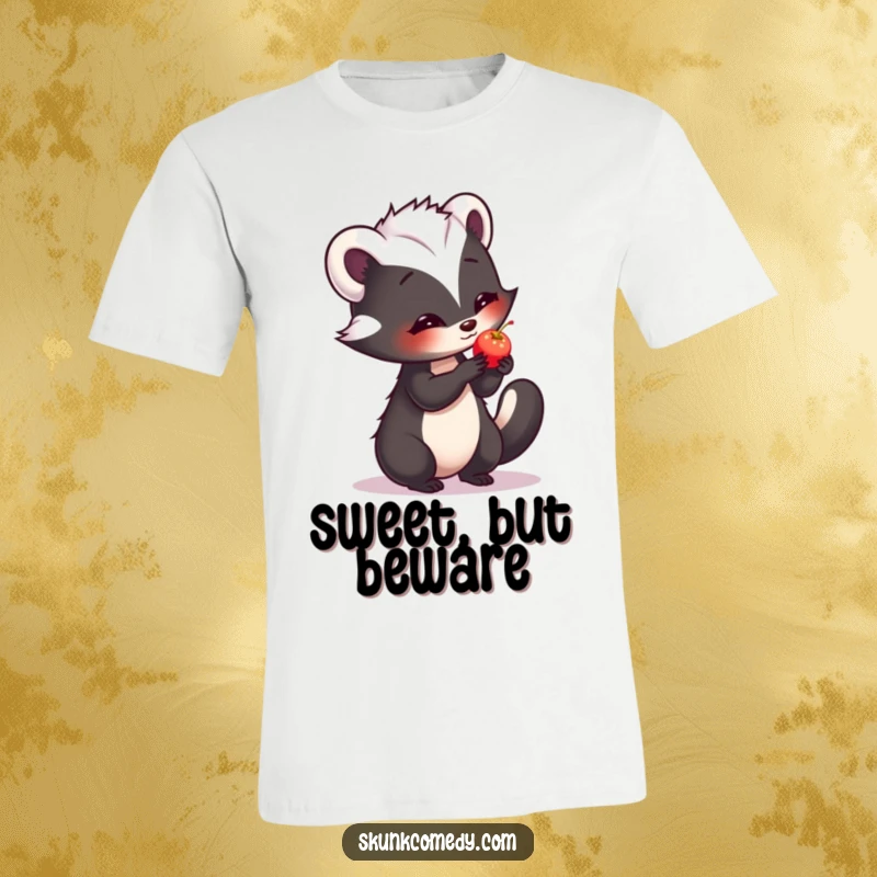 Funny t-shirt with a shy skunk extending a small, glowing berry as a kind gesture.