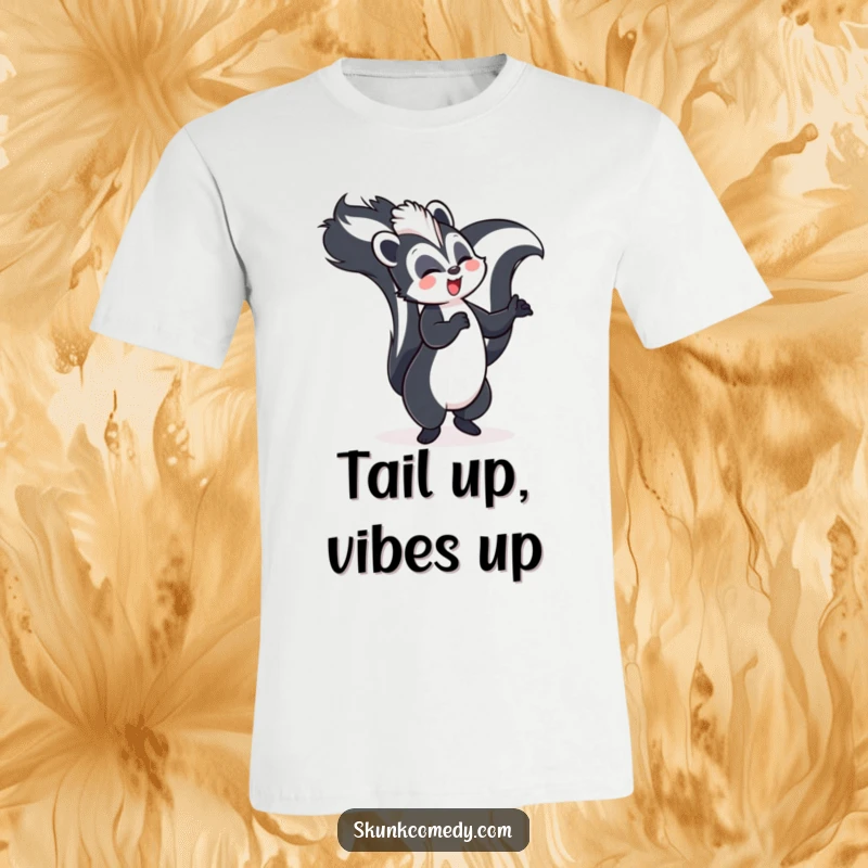 Funny skunk t-shirt, joyfully dancing with its tail held high, humorous and expressive apparel.