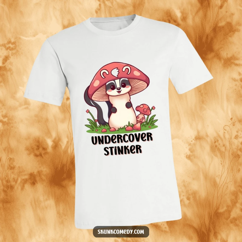 Funny skunk peeking behind a large mushroom, cute woodland creature t-shirt, humorous outdoor theme, gift idea.