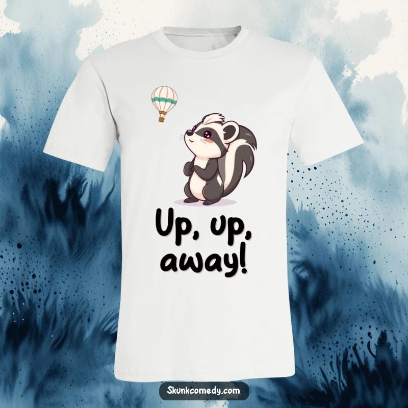 Funny skunk t-shirt depicting a skunk gazing upwards with awe at a hot air balloon, perfect for dreamers and adventurers.