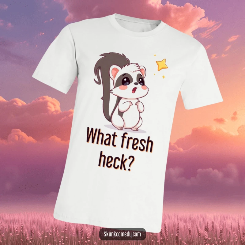 Funny surprised skunk gazes at a falling star, embodying whimsical humor on this t-shirt.