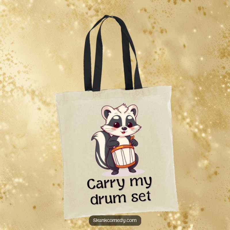 Funny skunk tote bag featuring a skunk enthusiastically playing a tiny drum, great for music lovers.