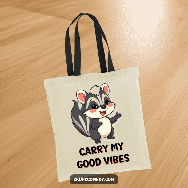 Funny skunk tote bag, a smiling skunk happily waving, great for groceries or as a funny gift.