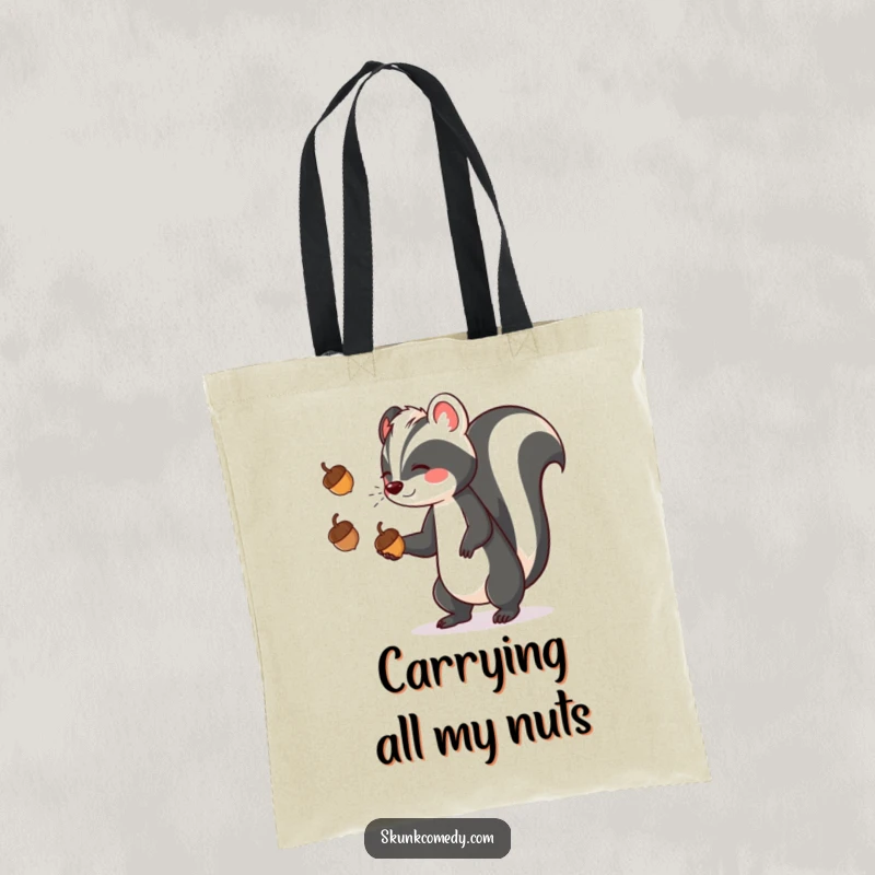 Funny skunk juggling acorns on a durable tote bag, a charming and humorous companion for everyday adventures.