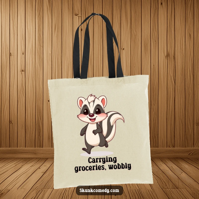 Funny skunk tote bag showing a skunk in a funny, wobbly walk with a happy, energetic bounce.
