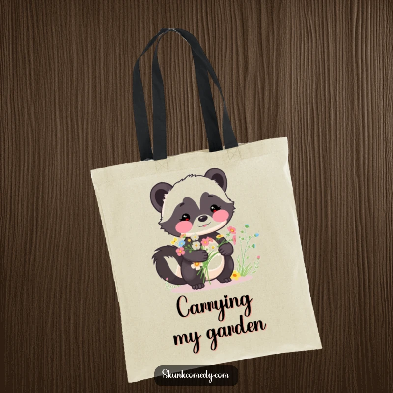 Funny skunk tote bag, rosy cheeks, holding a bouquet of wildflowers, practical and charming for everyday use, a perfect funny gift.