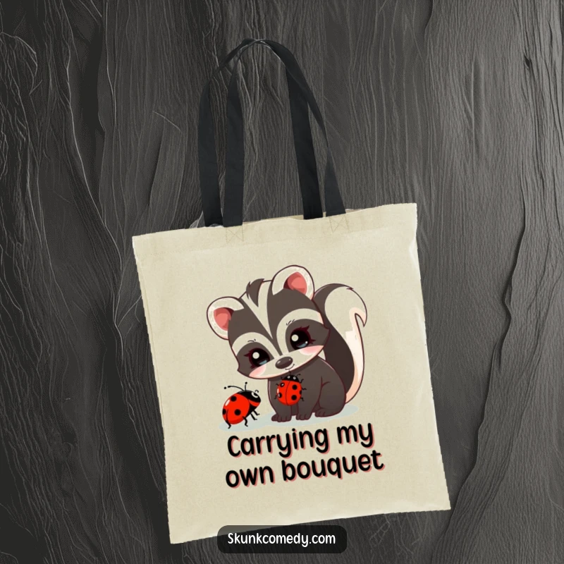 Funny skunk with twinkling eyes curiously observes a ladybug, durable tote bag, cute animal design, humorous accessory.