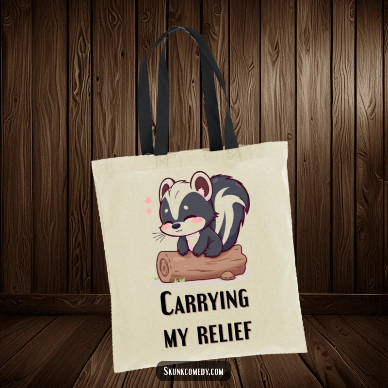 Funny skunk log tote bag, a skunk sits on a comfortable log with a relieved sigh, humorous and practical for carrying relaxation.