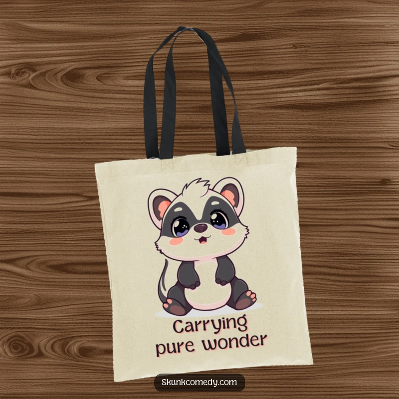 Funny Kawaii Skunk tote bag showing a skunk with surprised, wide eyes looking up, perfect for carrying items with a humorous touch.