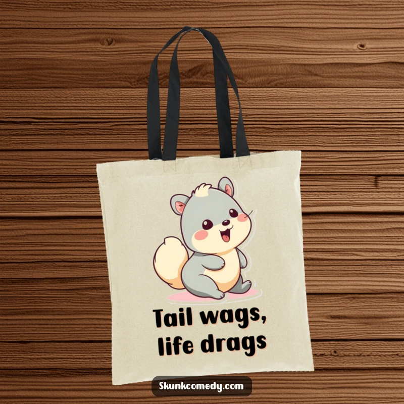 Funny tote bag with a creature wiggling its fluffy tail in pure delight, perfect for carrying groceries or treasures with a happy vibe.