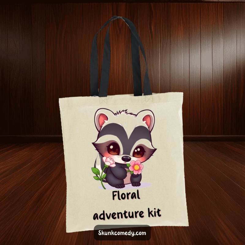 Funny skunk with wide, curious eyes smelling a beautiful flower, a charming graphic on this practical tote bag.