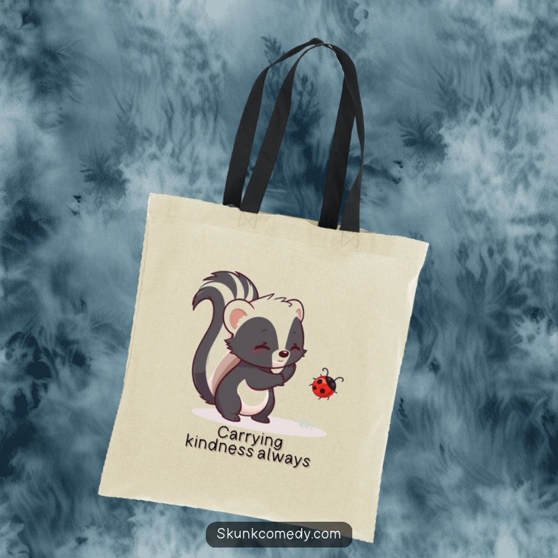 Funny skunk tote bag showing a skunk helping a ladybug, great for carrying essentials with a message of kindness.