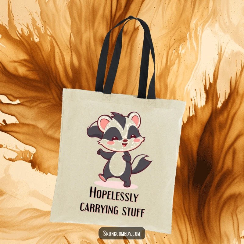 Funny Kawaii skunk tote bag illustrated with a skunk joyfully hopping, ideal for shopping and everyday use.