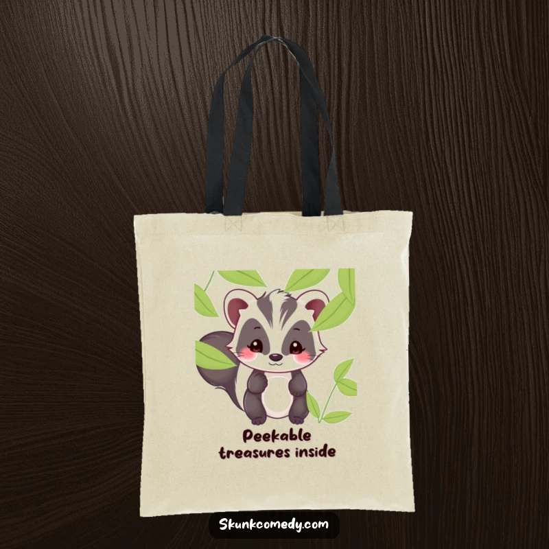 Funny Kawaii skunk tote bag depicting a shy skunk with a sweet smile peeking from behind leaves.