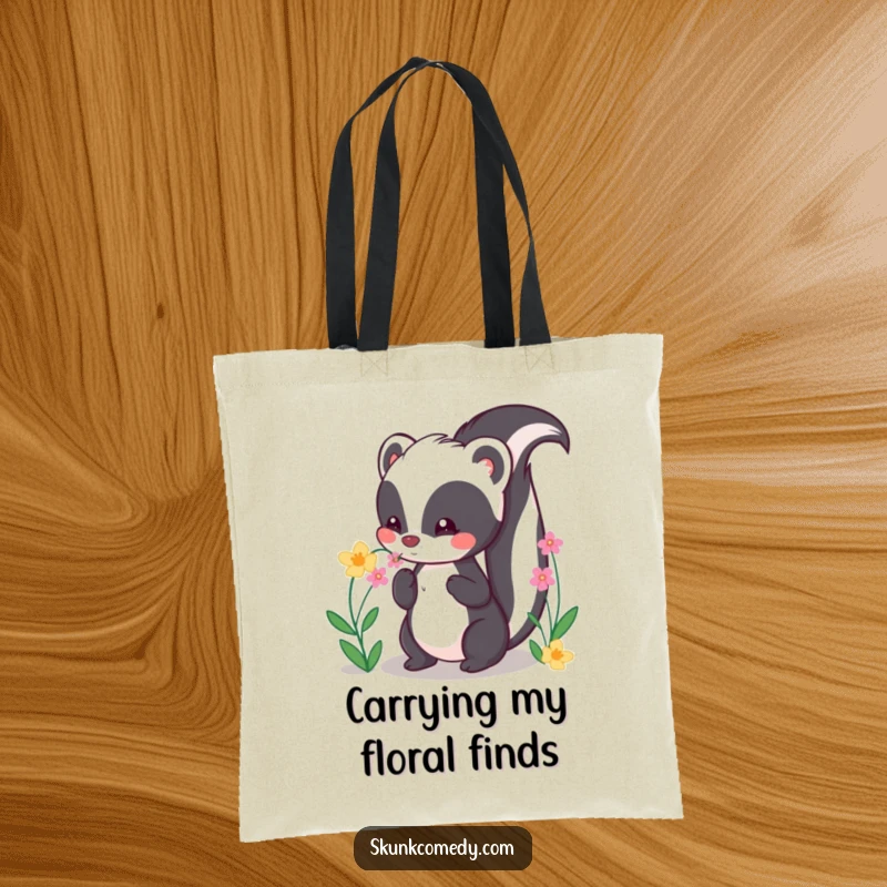 Funny Kawaii Skunk Tote Bag showing a cute skunk with tail held high, smelling flowers, a sweet and practical accessory.