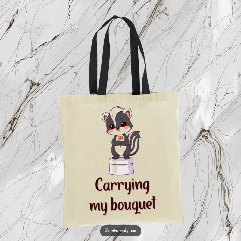 Funny tote bag illustration of a proud skunk standing on a miniature pedestal with a flower.