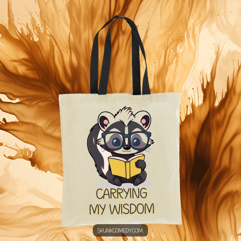 Funny skunk with oversized glasses reading a tiny book on a durable tote bag, ideal for literary excursions.