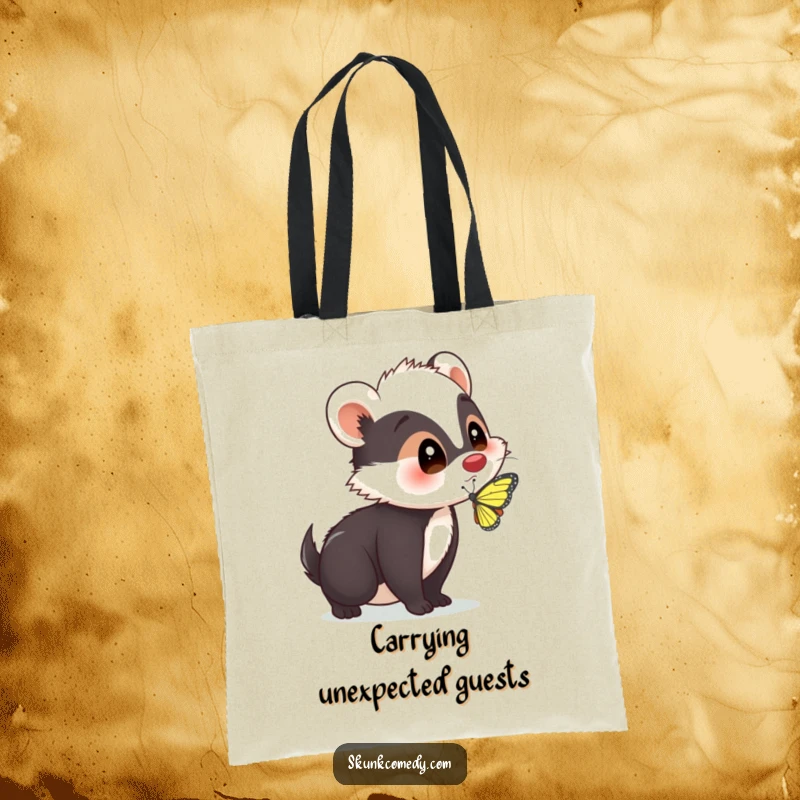 Funny skunk with a surprised expression as a butterfly lands on its nose, on a durable tote bag, perfect for carrying smiles.