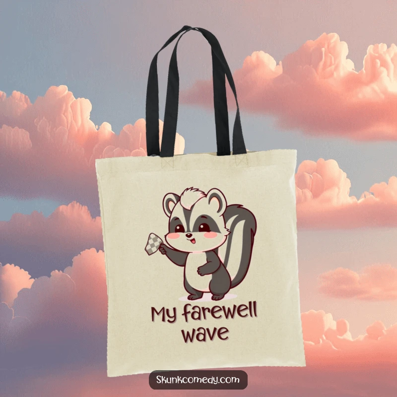 Funny skunk tote bag illustration of a skunk enthusiastically waving a checkered handkerchief, a cheerful and practical accessory for goodbyes.