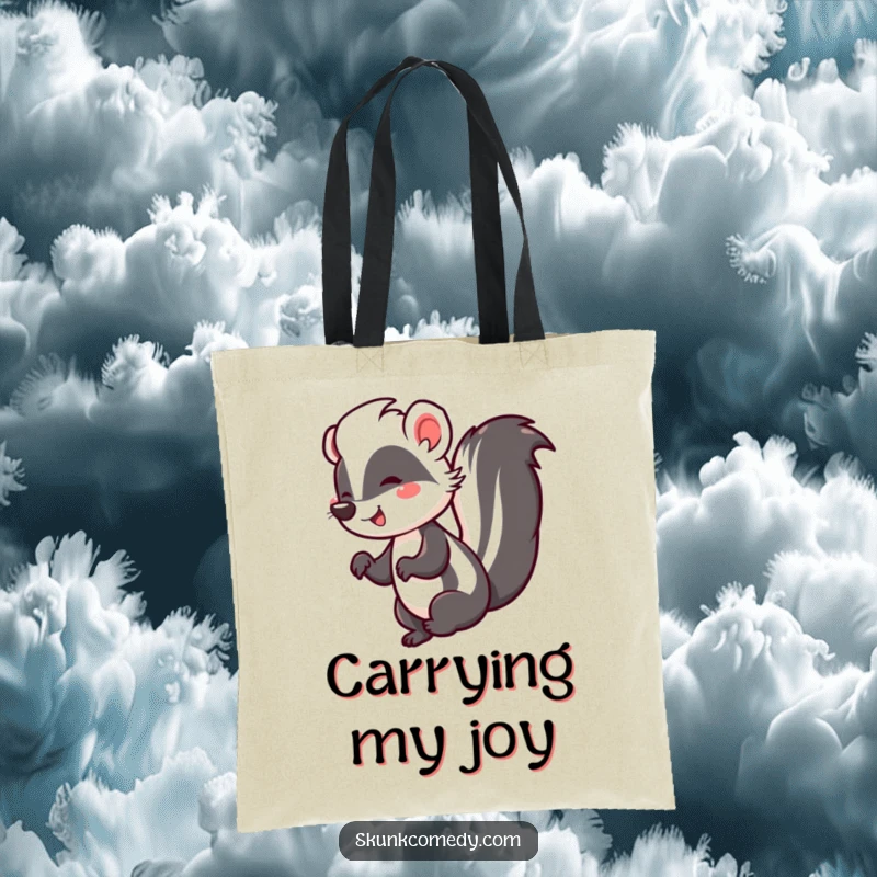 Funny tote bag featuring a happy skunk performing a lively jig with its tail held high, perfect for carrying items with flair.