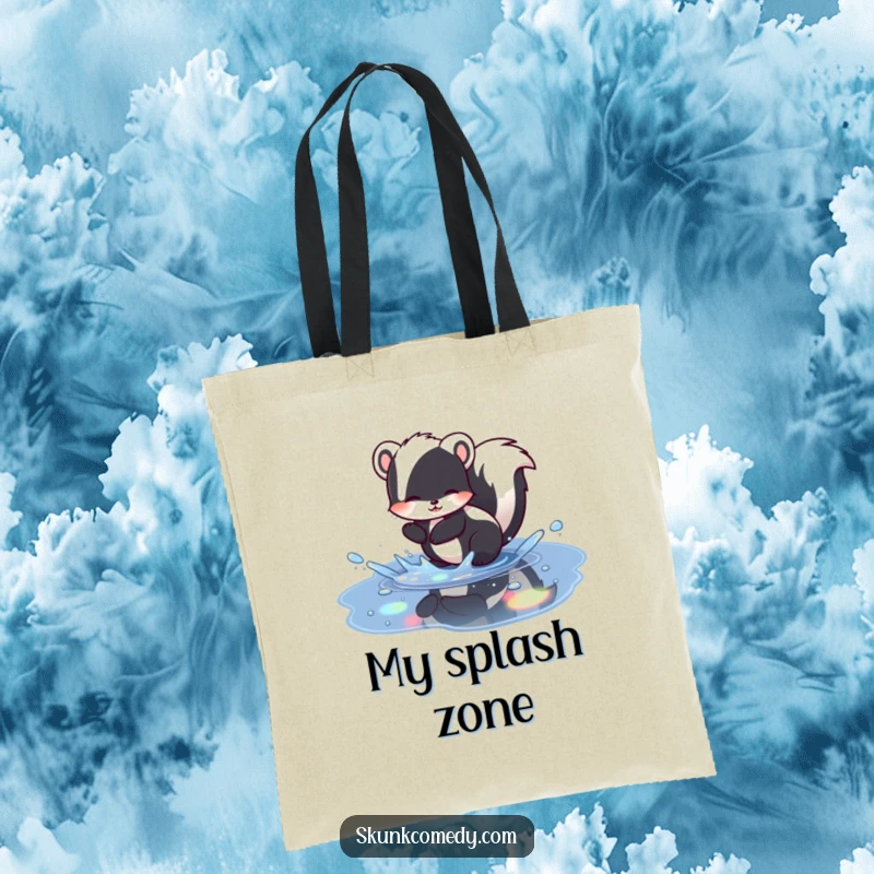 Funny skunk tote bag illustration of a skunk splashing in a puddle with stunning rainbow reflections, a cheerful and practical item.
