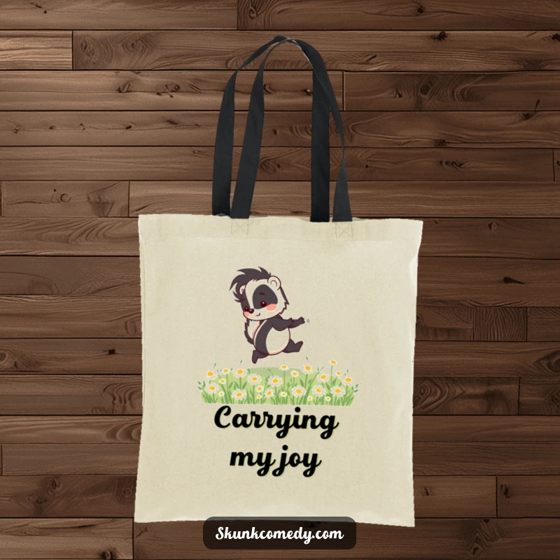Funny skunk tote bag featuring a happy skunk skipping through daisies, a symbol of joyful movement.