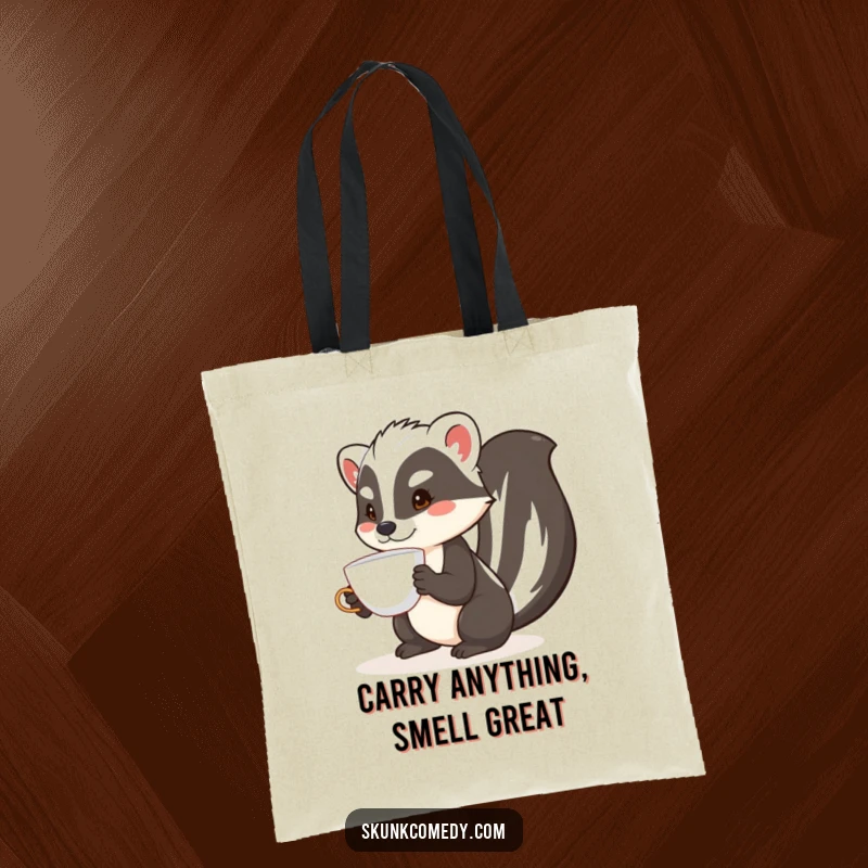 Funny skunk tote bag illustrating a skunk precariously balancing a teacup on its nose during a daring feat.
