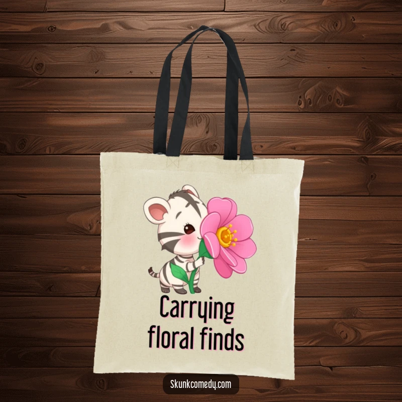 Funny Striped Animal Tote Bag designed with a curious striped animal sniffing a large, vibrant, oversized flower with fascination.