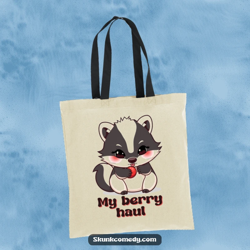 Funny skunk tote bag, determined look, rolling a small berry, practical and inspiring, a perfect funny gift.